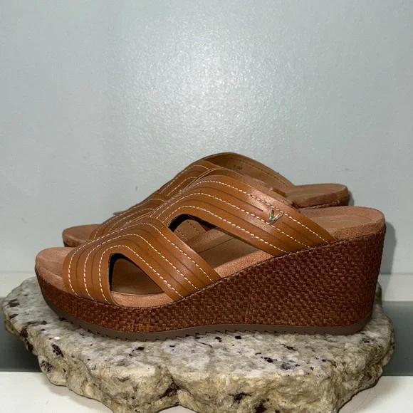 VIONIC MALORIE Raffia Natural Tan Leather Open Toe Slip On Wedge Sandals Sz 9.5 - Picture 8 of 16